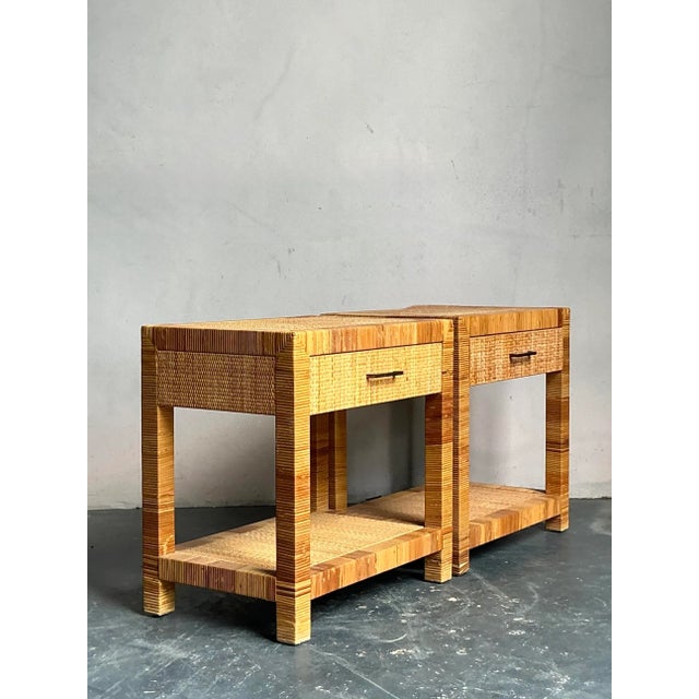 Mid-Century Modern Vintage Boho Bielecky Brothers Woven Rattan Nightstands - A Pair For Sale - Image 3 of 8