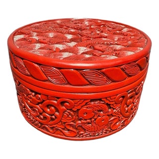 1970s Carved Cinnabar Lacquer Round Box, Dragon and Carp Among Waves, Lidded Scholar's Seal Paste Box For Sale