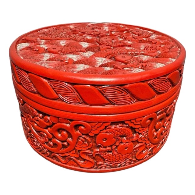 1970s Carved Cinnabar Lacquer Round Box, Dragon and Carp Among Waves, Lidded Scholar's Seal Paste Box For Sale