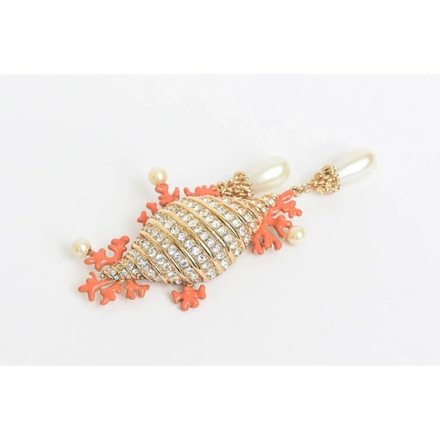 1980s Hutton Wilkinson Coral Enamel Faux Pearl, Rhinestone Gold Filled Brooch or Pin, 1980's For Sale - Image 5 of 10
