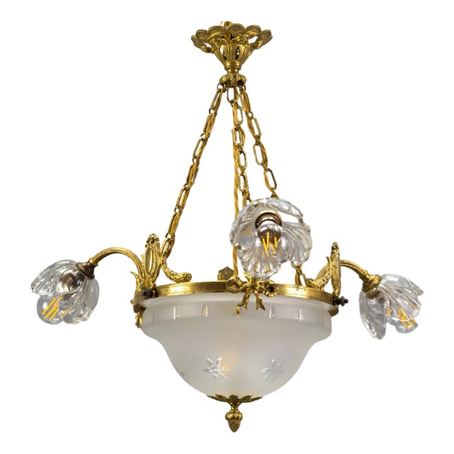 Four Light French Neoclassical Style Gilt Bronze and Glass Chandelier For Sale
