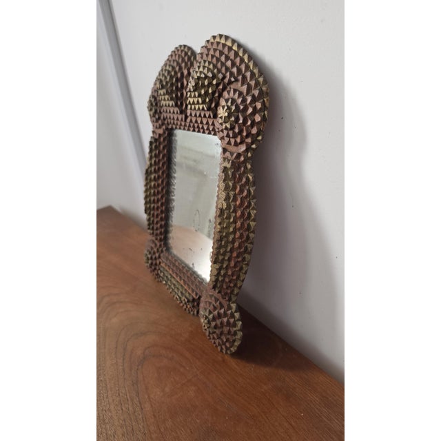 Antique Tramp Art Mirror, Folk Art Carved Wood Mirror, Rustic Americana Wall Decor, Hand Carved Wooden Frame For Sale - Image 4 of 15