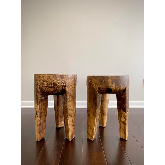Made Goods Pair of Polished Solid Teak Burl Wood Three Legged Stools by Made Goods For Sale - Image 4 of 13