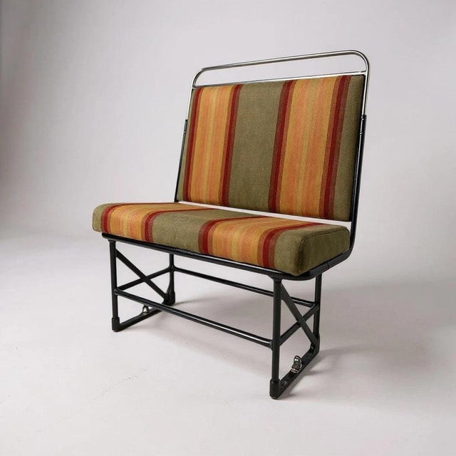 Black Vintage Industrial Bench with Striped Upholstery For Sale - Image 8 of 8