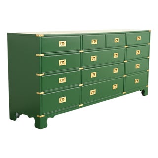 Drexel Heritage Mid-Century Hollywood Regency Campaign Green Lacquered Dresser | Newly Refinished For Sale