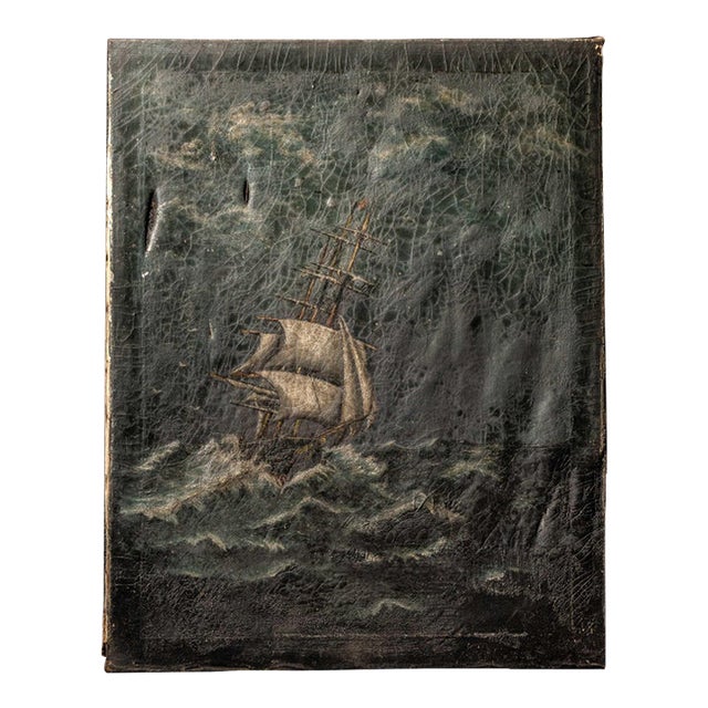 Antique Maritime Oil Painting of a Sailing Ship in a Storm For Sale