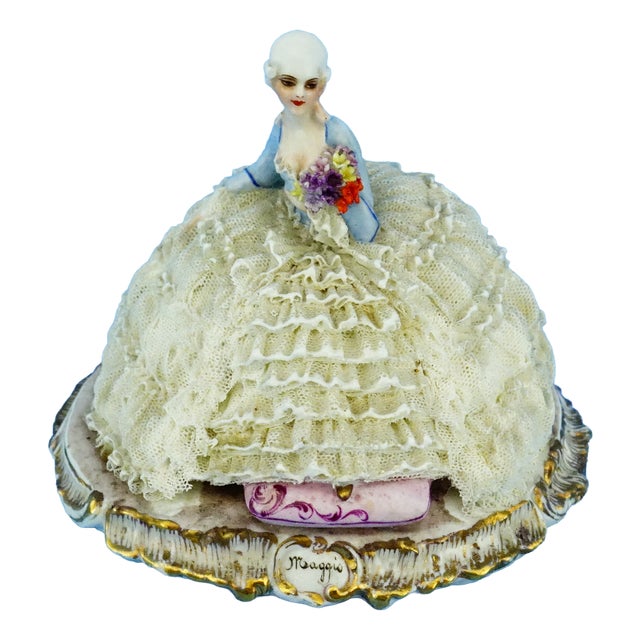 Luigi Fabris, Sculpture Venetian Lady, Crinoline Lace Flowers, 1890s, Porcelain For Sale