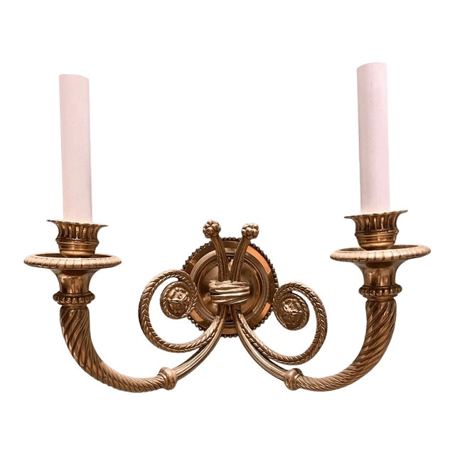 Vintage Neoclassical Style Brass Wall Sconce 2 Light Arm Rope Design For Sale