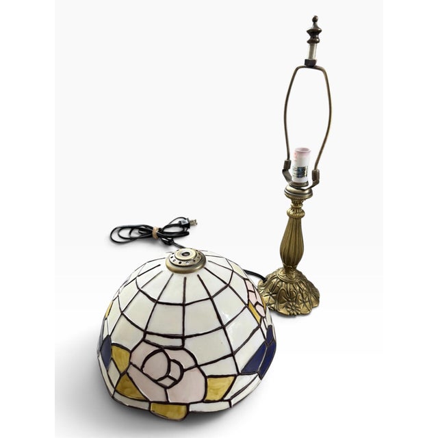 Vintage Hollywood Regency Tiffany-Style Faux Stained Glass Table Lamp, Blue & Amber Mosaic Shade For Sale - Image 4 of 7