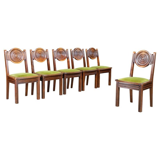 Vintage French Carved Oak Dining Chairs with Original Velvet, 1930s, Set of 6 For Sale - Image 11 of 11
