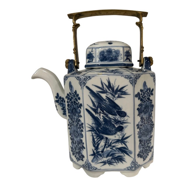 Vintage Blue and White Porcelain Teapot With Solid Brass Handle Hand Painted Thailand For Sale