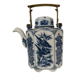 Vintage Blue and White Porcelain Teapot With Solid Brass Handle Hand Painted Thailand
