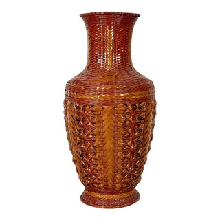 Large Vintage 14" Hand-Woven Bamboo & Porcelain Shanghai Vase For Sale
