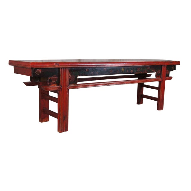 Chinoiserie 20th Century Chinese Elm Red Lacquer Altar Bench For Sale - Image 3 of 13