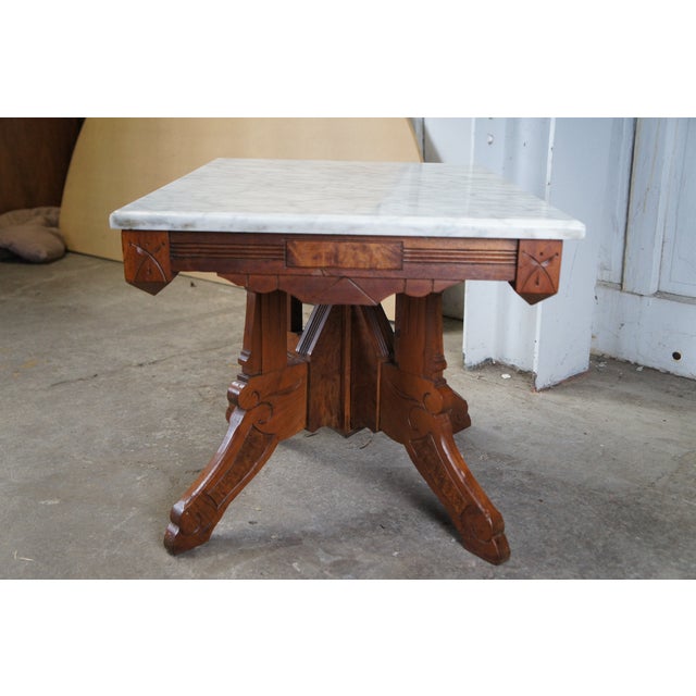 Antique Victorian Eastlake Walnut Burl Marble Top Parlor Coffee Side End Table For Sale - Image 11 of 12