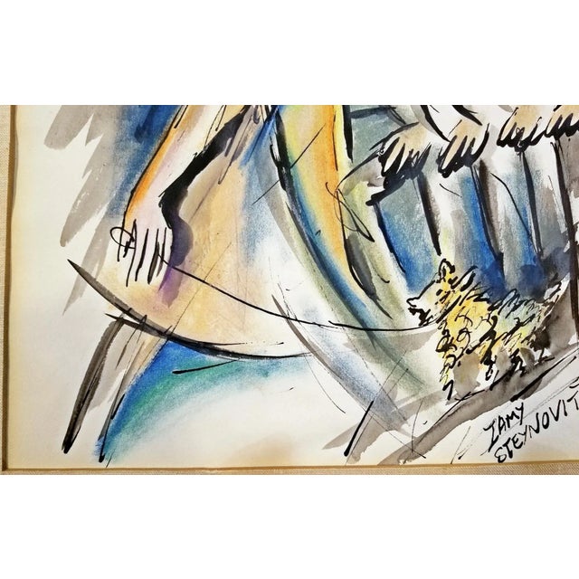 Blue 1970s Parisian Period Original Watercolor Painting by Zamy Steynovitz, Framed For Sale - Image 8 of 11