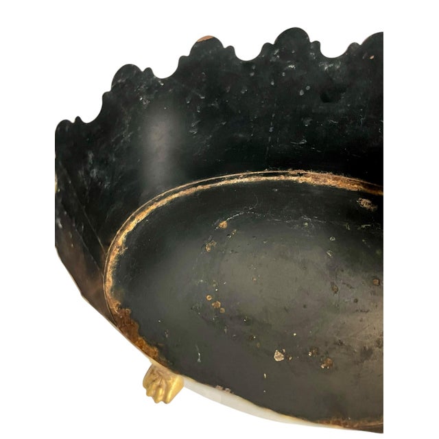 Maison Lancel Vintage French Black Tole Cachepot With Hand-Painted Fruit and Gilt Scalloped Rim Lion Head Ring Handles For Sale - Image 10 of 17