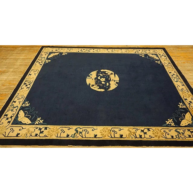 Textile Wonderful Navy Blue Background and Tan Beige Color With Animalia Design Antique Chinese Peking Rug For Sale - Image 7 of 9