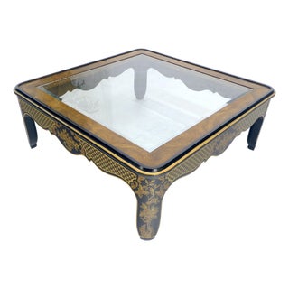 Drexel Gold Paint & Black Lacquer Base Burl Wood & Glass Top Coffee Table MINT For Sale