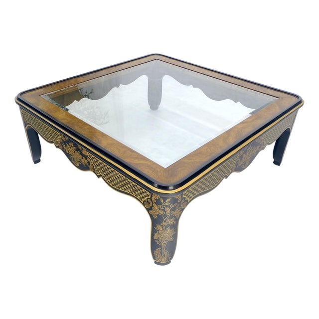 Drexel Gold Paint & Black Lacquer Base Burl Wood & Glass Top Coffee Table MINT For Sale