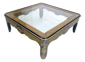 Drexel Gold Paint & Black Lacquer Base Burl Wood & Glass Top Coffee Table MINT