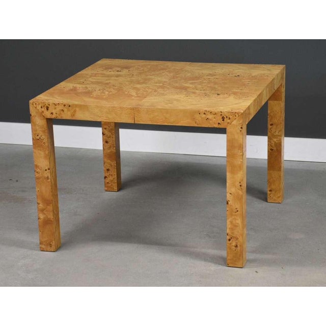 Thayer Coggin Refinished Milo Baughman Square to Rectangle 40” - 79” Parsons Burl Dining Table For Sale - Image 4 of 11