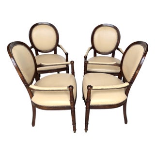 Set of 4 Baker Milling Road Neoclassical Mahogany & Parchment Leather Armchairs For Sale