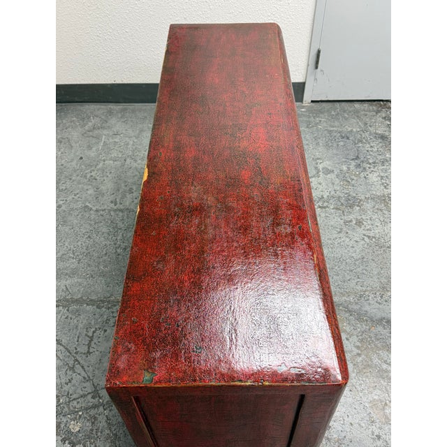 Wood Asian Red Distressed Lacquered Sideboard, Vintage For Sale - Image 7 of 12