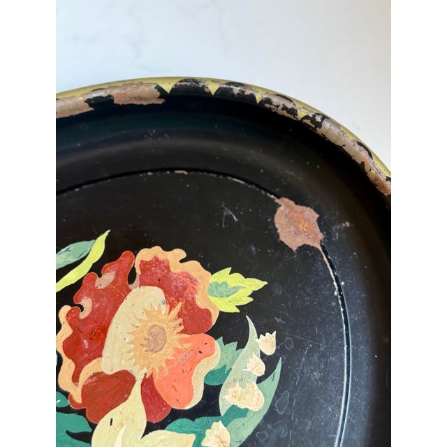 Metal Vintage Chippy Hand Painted Floral Toleware Tray For Sale - Image 7 of 8