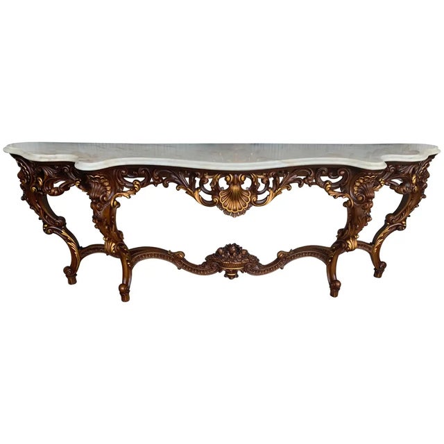 Spanish 20th Century Baroque Style Carved Walnut Ormolu and Marble Console Table For Sale - Image 9 of 9
