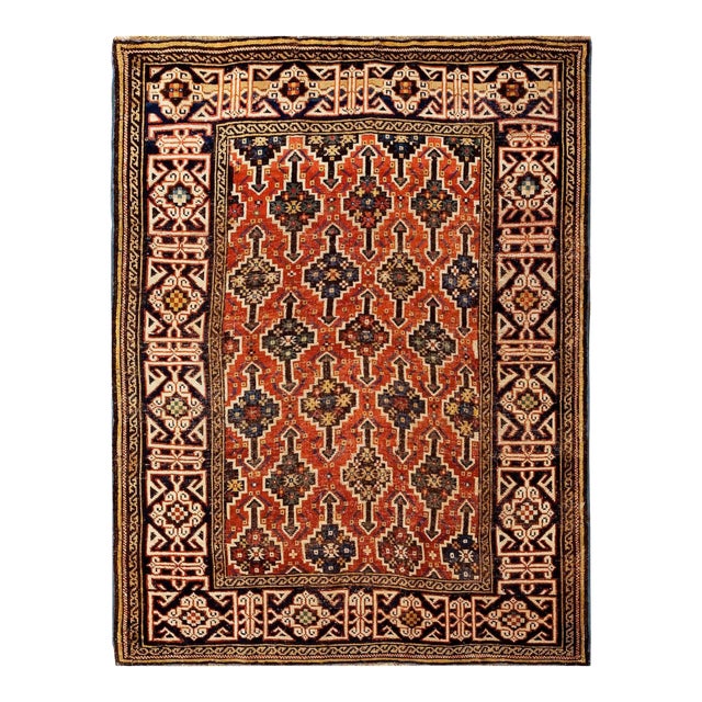 1890s Red Geometric Antique Caucasian Kuba Rug 3'3" X 4'4" Knotted Wool Carpet For Sale
