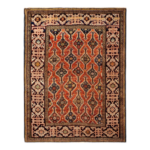 1890s Red Geometric Antique Caucasian Kuba Rug 3'3" X 4'4" Knotted Wool Carpet