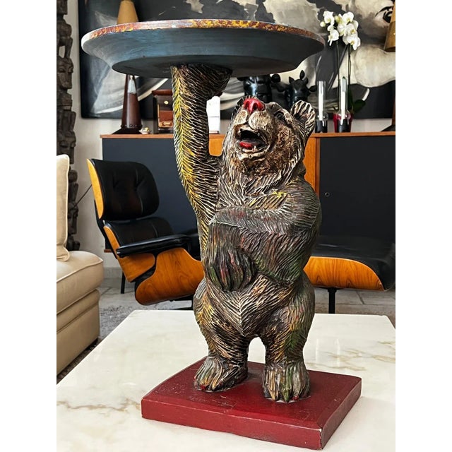 Pedestal table or side table Black Forest Bear in polychrome carved solid wood Germany Late 19th century topped with a...