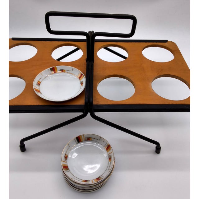 Rare Set of MCM Serving Plates and Wood Carry Holder Set of 9 For Sale - Image 10 of 12