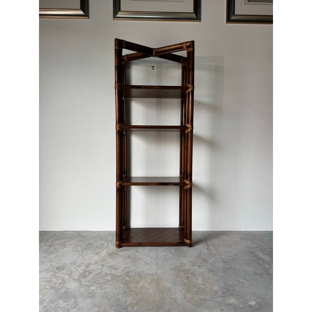 Hollywood Regency 1970s Hollywood Regency Walnut & Rattan Four-Tier Étagère Shelf For Sale - Image 3 of 12