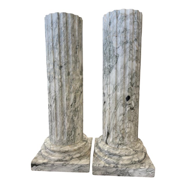 Grand Fluted Verde Alpi Marble Columns on Stepped Bases, Set of 2 For Sale