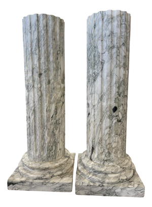 Grand Fluted Verde Alpi Marble Columns on Stepped Bases, Set of 2
