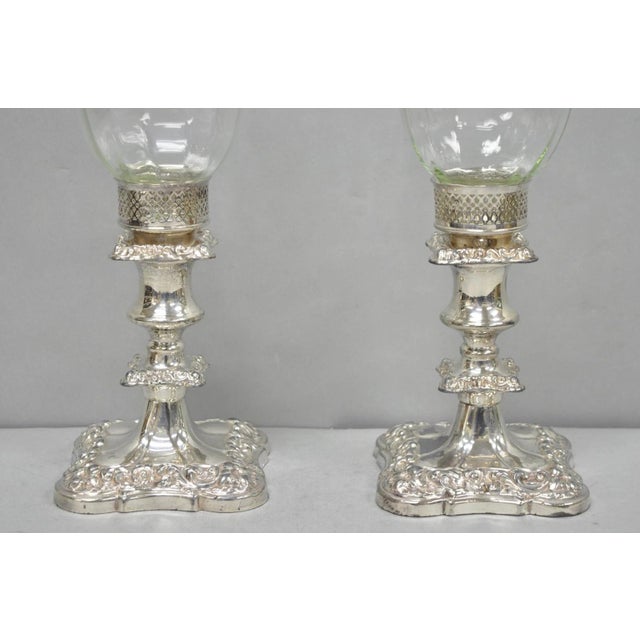 Victorian Antique Victorian Silver Plated Glass Hurricane Lamp Shade Candlestick - Pair For Sale - Image 3 of 18