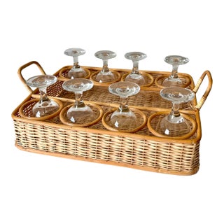 1970s Bamboo and Wicker Rattan Wine Glass Cocktail Drink Caddy, Palm Beach Style- 9 Pieces For Sale