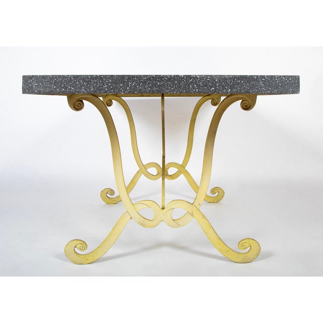 Dorothy Draper Attributed Table With Faux Porphyry Steel Top And Yellow Wrought Iron Base For Sale - Image 10 of 11