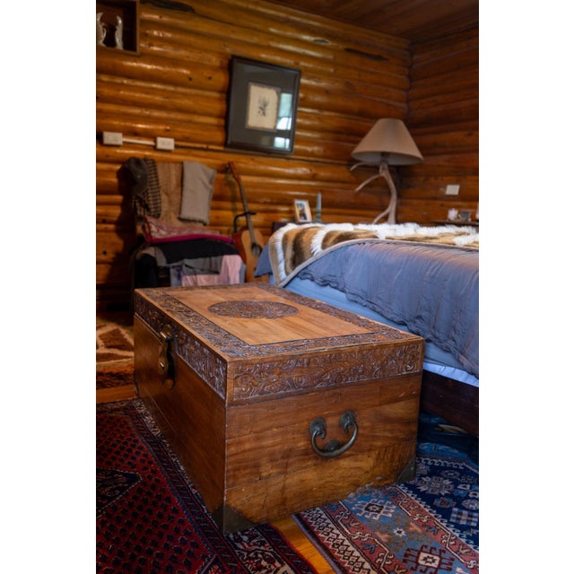 Antique Chinese Hand-Carved Camphor Wood Blanket Chest With Dragon Medallion & Original Brass Hardware For Sale - Image 6 of 9