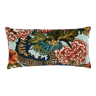 Schumacher Chiang Mai Dragon Velvet 24" Lumbar Pillow in Aquamarine For Sale