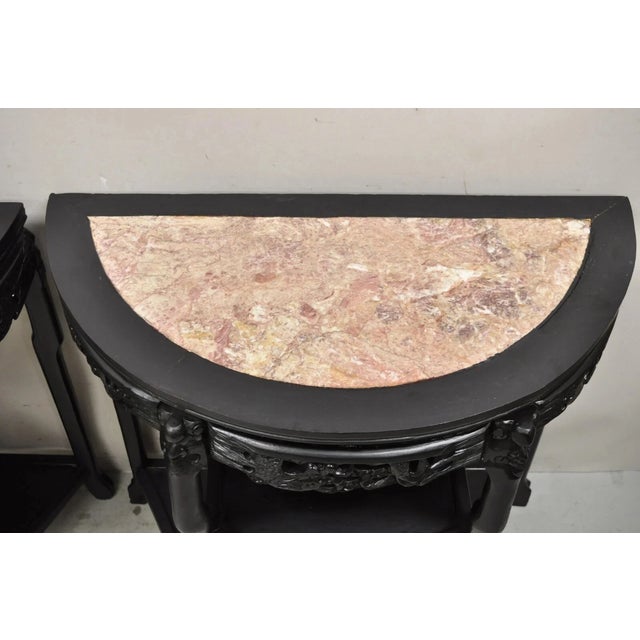 Vintage Chinese Chinoiserie Black Demilune Pink Marble Console Table - A Pair For Sale - Image 4 of 11