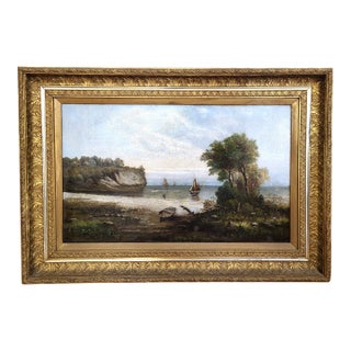 19th C Gilt Framed Seascape Coastal Sailboat Scene Oil Painting For Sale