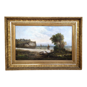 19th C Gilt Framed Seascape Coastal Sailboat Scene Oil Painting