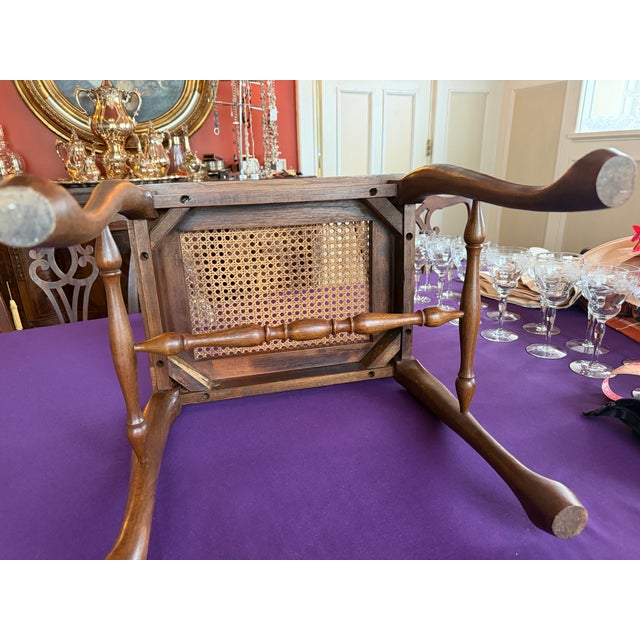 Vintage Walnut Cane Seat Cabriole Leg Spindle Stretcher Piano Bench With Cushion For Sale - Image 10 of 12