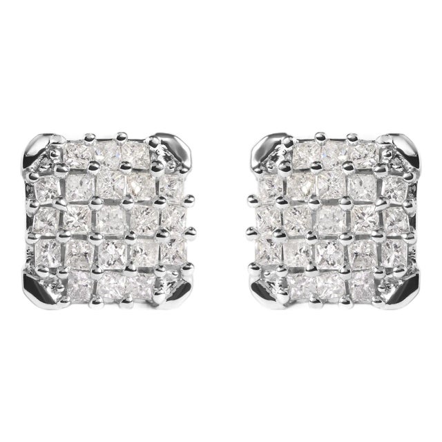 10K White Gold 3/4 Cttw Princess Diamond Composite Open Frame Stud Earrings (I-J Color, I1-I2 Clarity) For Sale