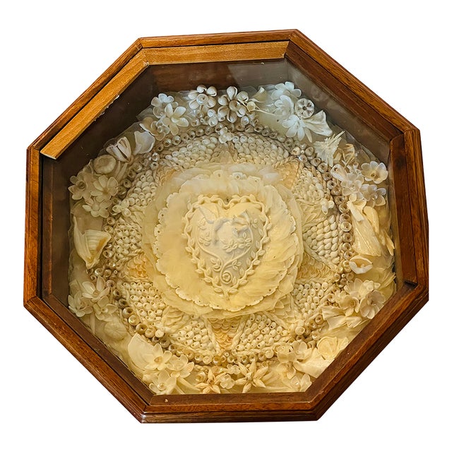1940s American Folk Art White Sea Shell Sailors Valentines Love Doves Heart For Sale