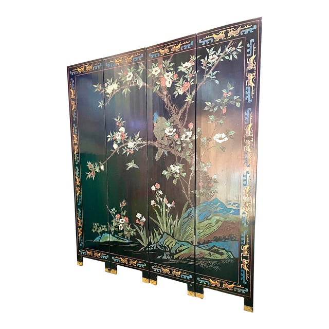 Antique Four Panel Coromandel Black Lacquer Room Screen Divider Chairish