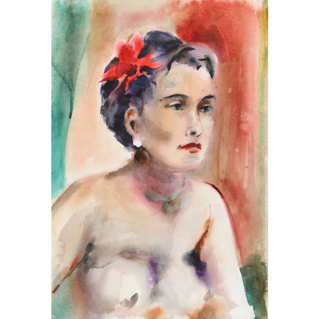 Wearing pearl earrings and a red flower in her cropped brunette hair, the topless model in this Eve Nethercott print...